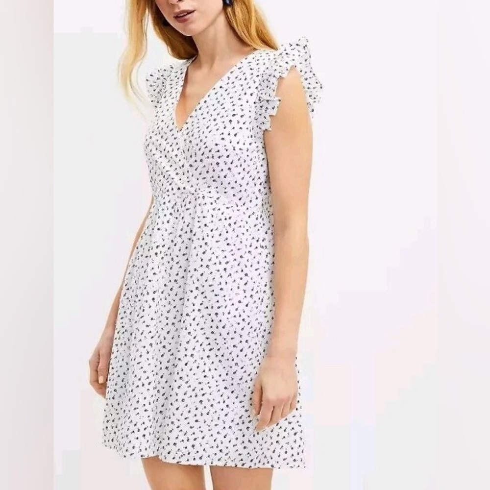 LOFT White Mini Dress with Black Floral Print and Ruffle Sleeves